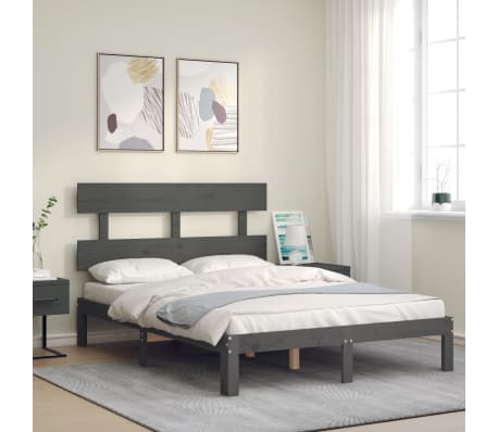 vidaXL Lovos rėmas su galvūgaliu, pilkas, mediena, mažas dvivietis