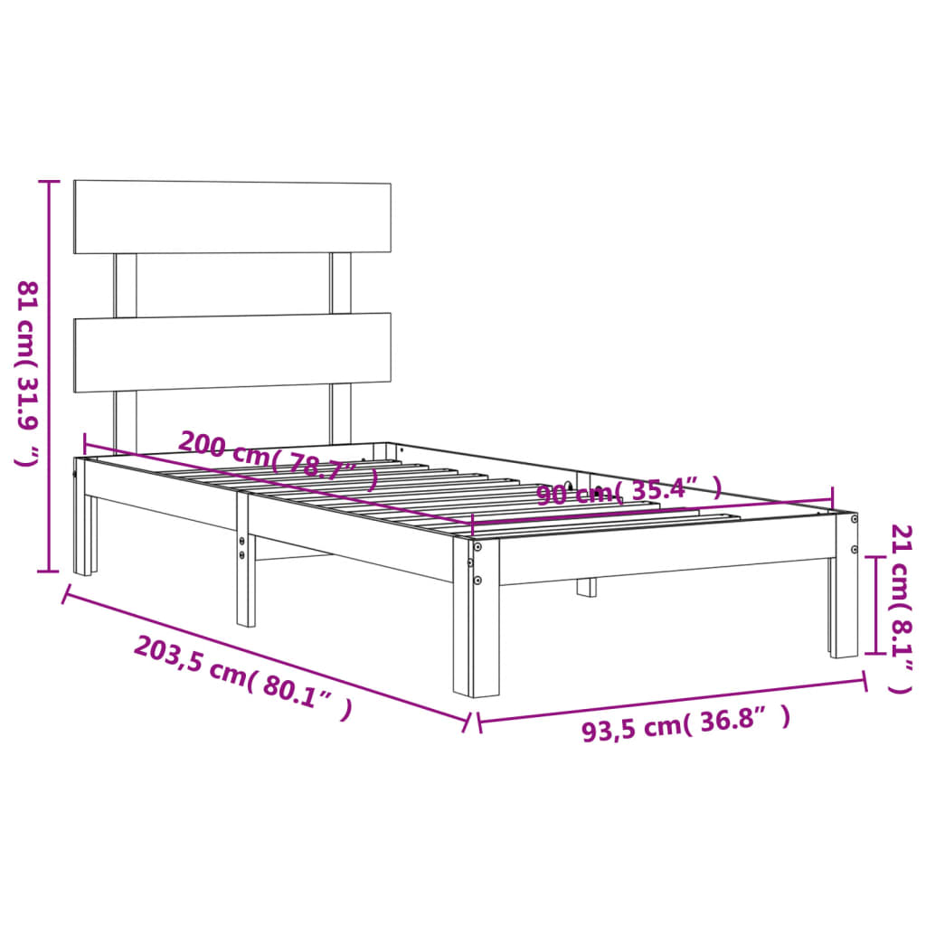 Rám postele s čelem 90 x 200 cm masivní dřevo