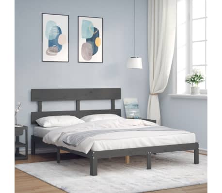 vidaXL Lovos rėmas su galvūgaliu, pilkas, medienos masyvas, didelis