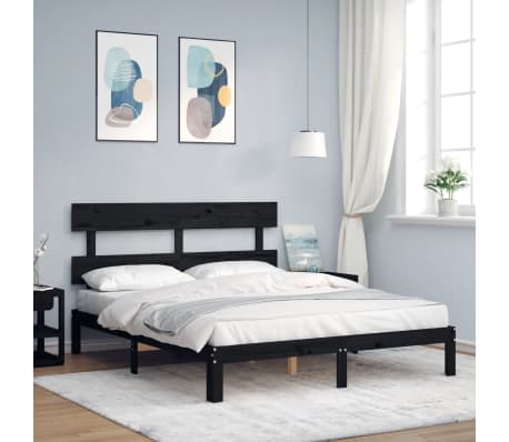 vidaXL Lovos rėmas su galvūgaliu, juodas, medienos masyvas, didelis