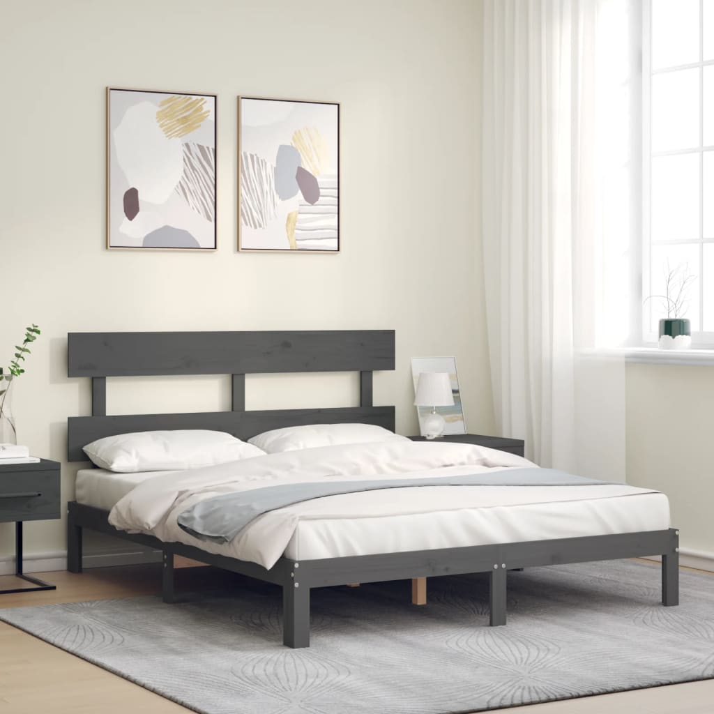 vida XL Massivholzbett mit Kopfteil Grau 160x 200 cm