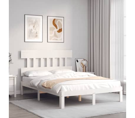 vidaXL Lovos rėmas su galvūgaliu, baltas, medienos masyvas, dvivietis