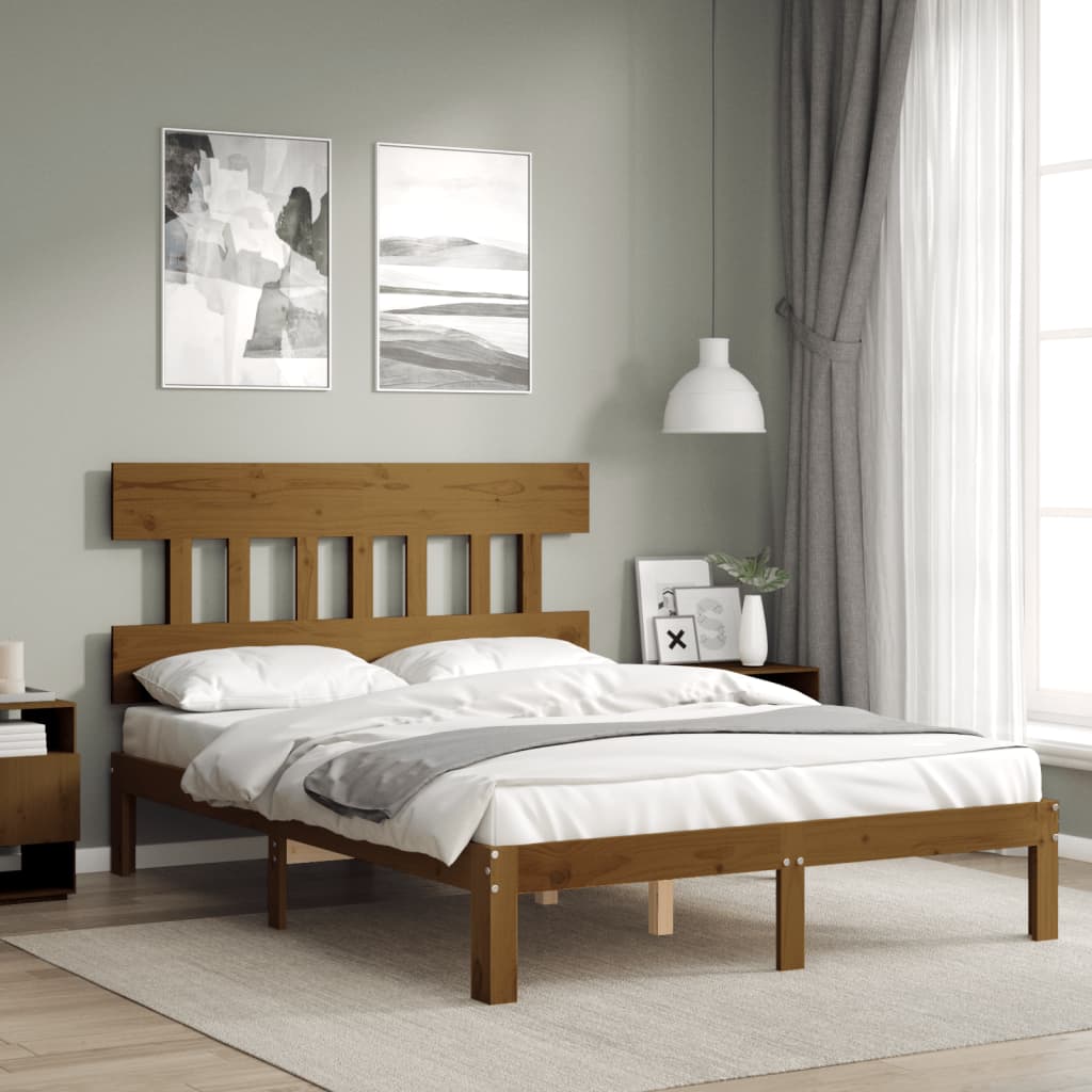 vidaXL Cadru de pat cu tăblie, maro miere, dublu, lemn masiv