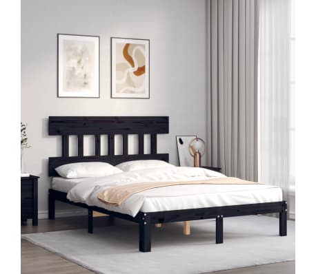 vidaXL Lovos rėmas su galvūgaliu, juodas, medienos masyvas, dvivietis