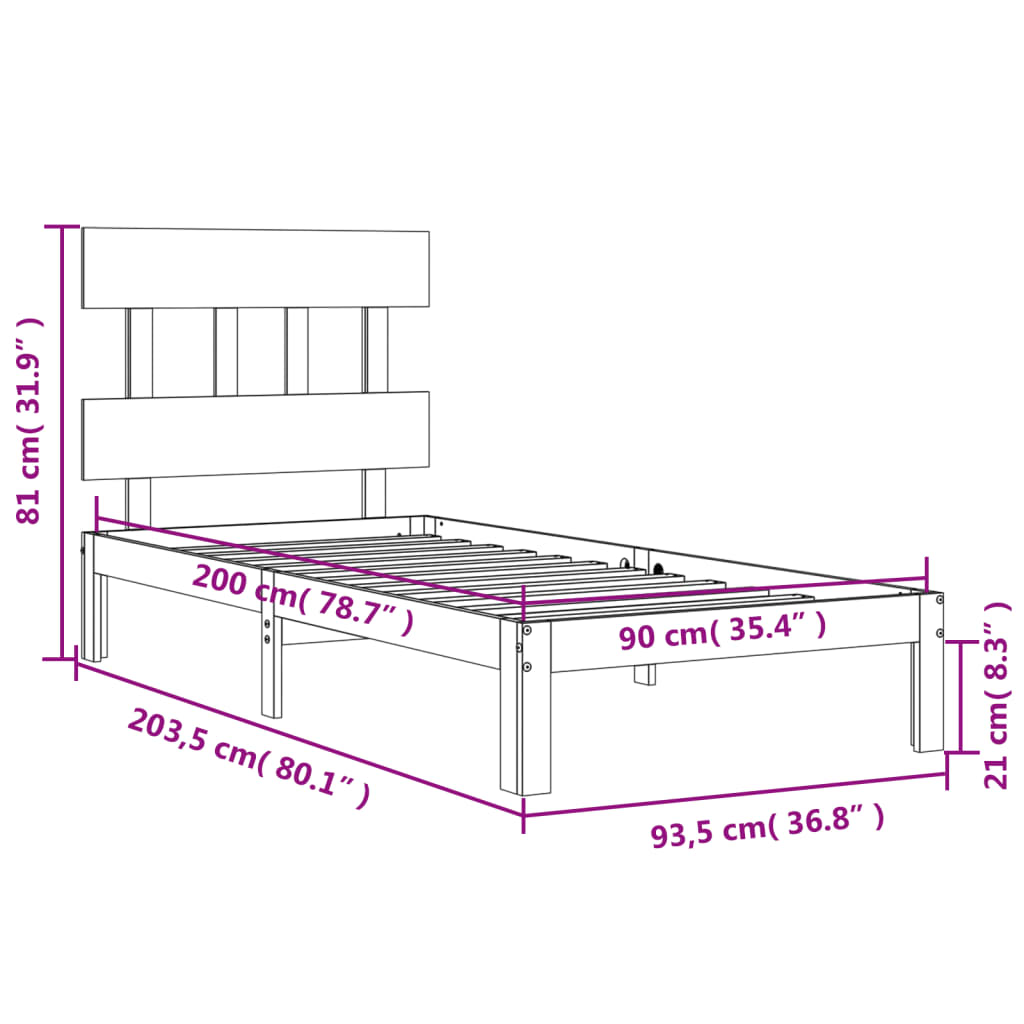 Posteljni okvir z vzglavjem bel 90x200 cm trden les