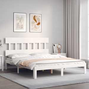 vidaXL Cadru de pat cu tăblie, alb, king size, lemn masiv
