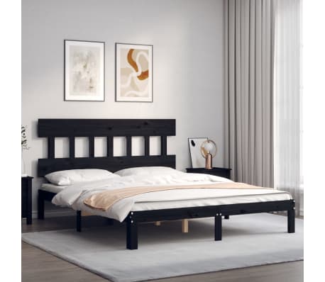 vidaXL Lovos rėmas su galvūgaliu, juodas, medienos masyvas, didelis