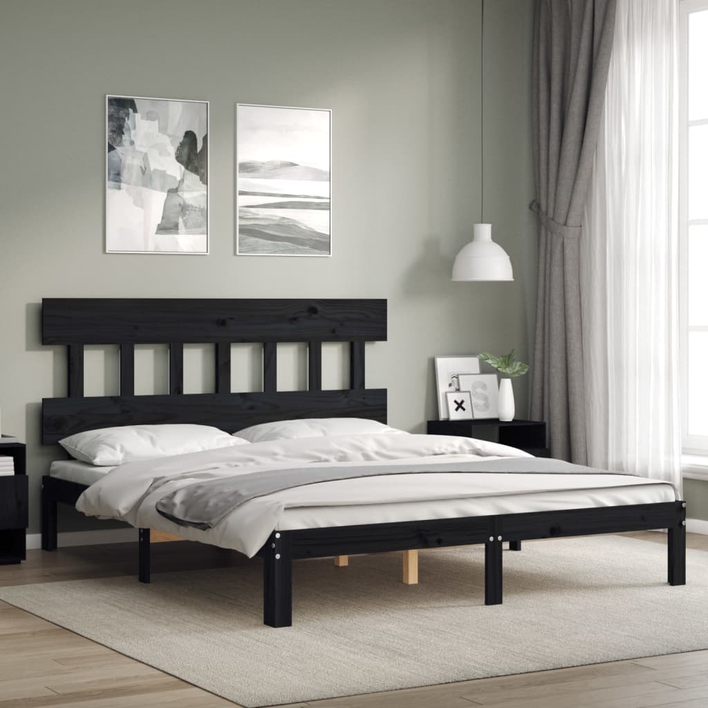 vidaXL Cadru de pat cu tăblie, negru, lemn masiv, king size 5FT vidaXL imagine 2022