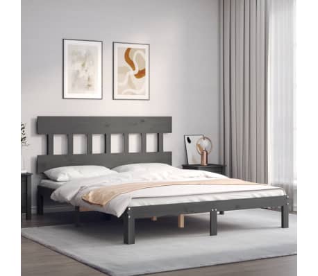 vidaXL Lovos rėmas su galvūgaliu, pilkas, 160x200cm, medienos masyvas