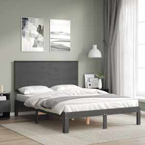 vidaXL Lovos rėmas su galvūgaliu, pilkas, medienos masyvas, dvivietis