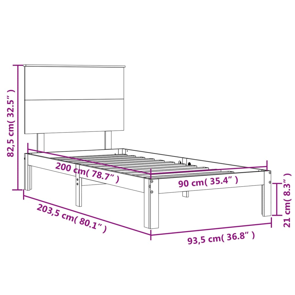 tömör fa ágykeret fejtámlával 90 x 200 cm