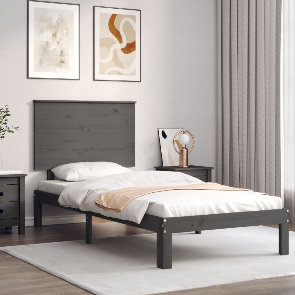 vidaXL Cadru de pat cu tăblie, gri, 90×200 cm, lemn masiv vidaXL imagine 2022