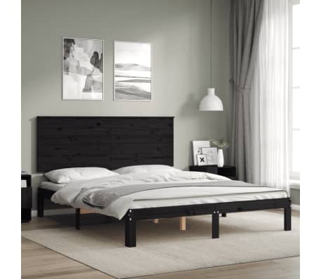 vidaXL Lovos rėmas su galvūgaliu, juodas, medienos masyvas, didelis