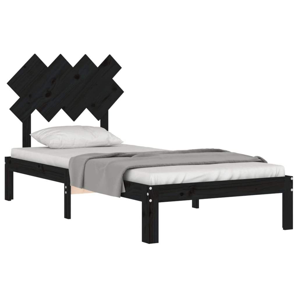 Cadru de pat cu tăblie single, negru, lemn masiv