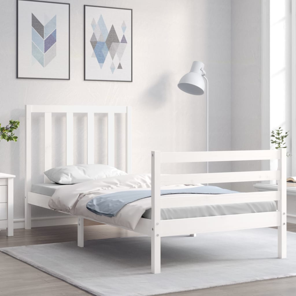 vidaXL Cadru de pat cu tăblie, alb, 90x200 cm, lemn masiv
