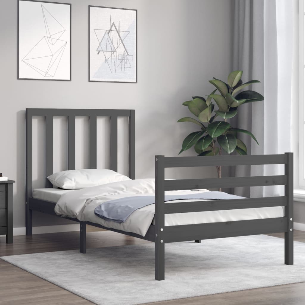 vidaXL Bed Frame with Headboard Grey 90x200 cm Solid Wood