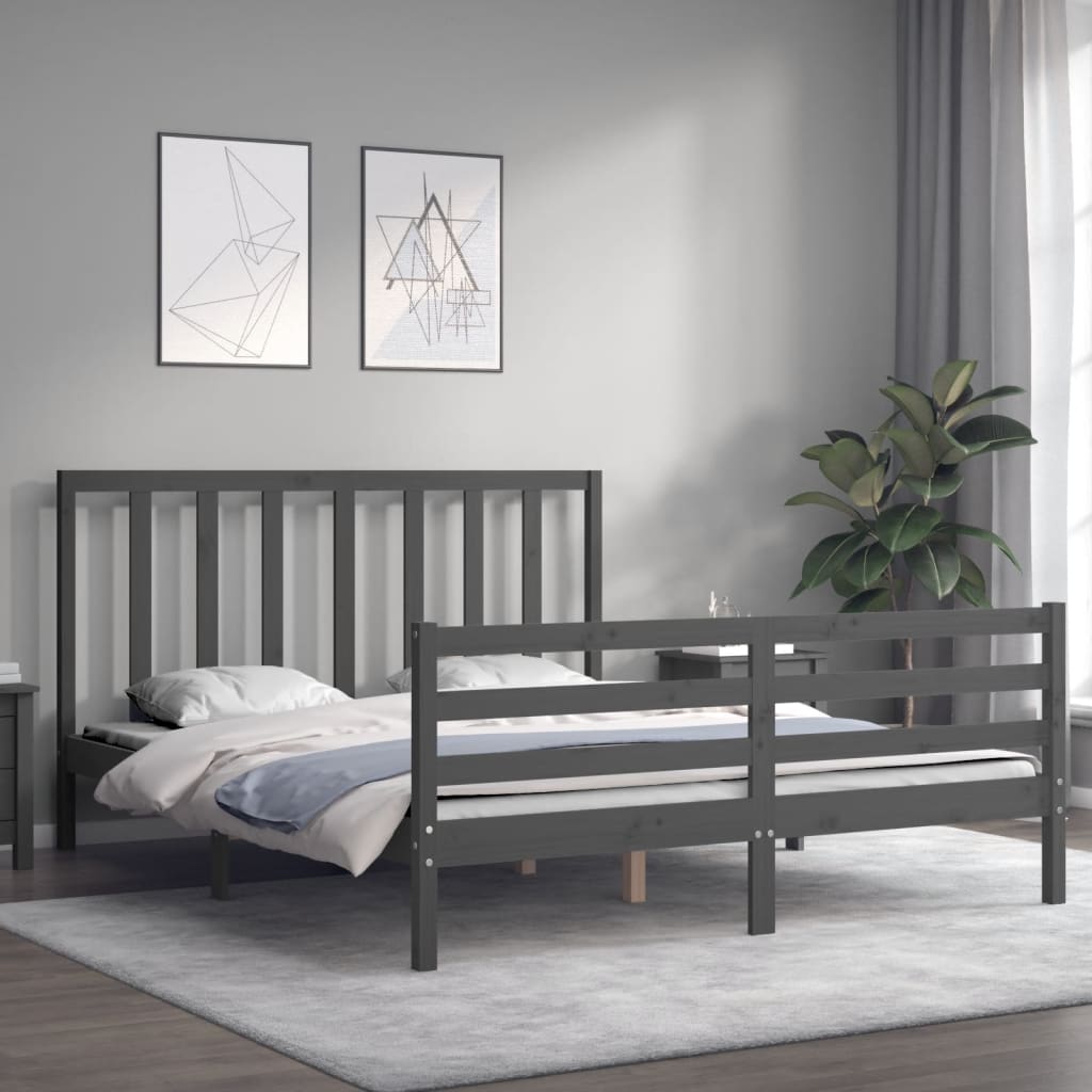 vidaXL Bed Frame with Headboard Grey 160x200 cm Solid Wood