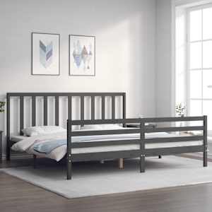 Rám postele s čelem šedý 200 x 200 cm masivní dřevo