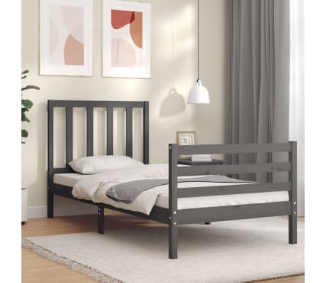 vidaXL Lovos rėmas su galvūgaliu, pilkas, medienos masyvas, vienvietis