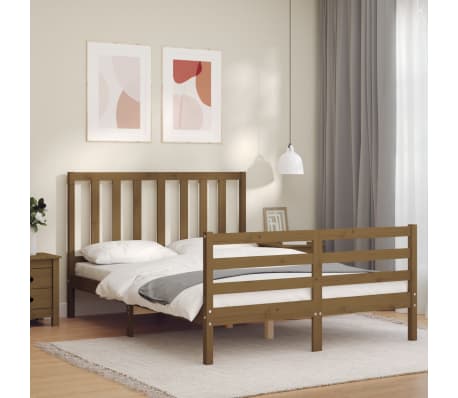 vidaXL Lovos rėmas su galvūgaliu, rudas, mediena, mažas dvivietis