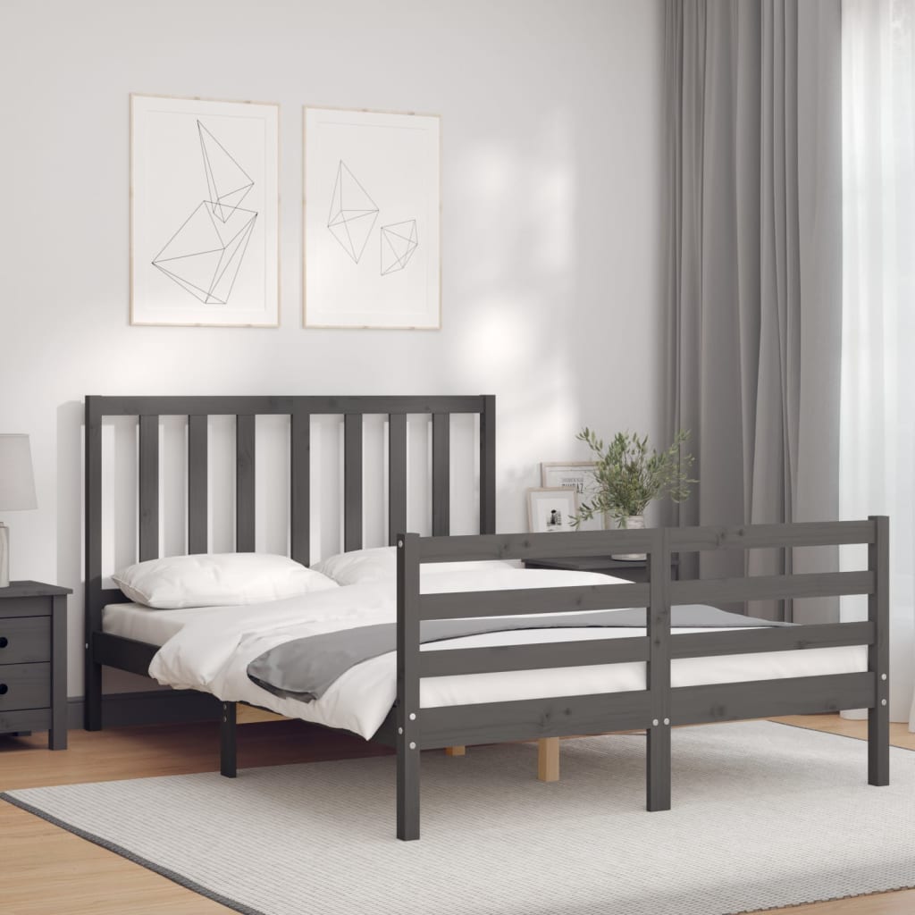 vidaXL Cadru de pat cu tăblie, gri, 140x190 cm, lemn masiv