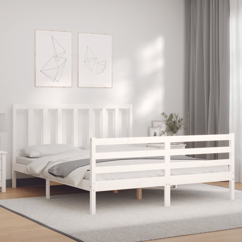 vidaXL Bed Frame with Headboard White King Size Solid Wood