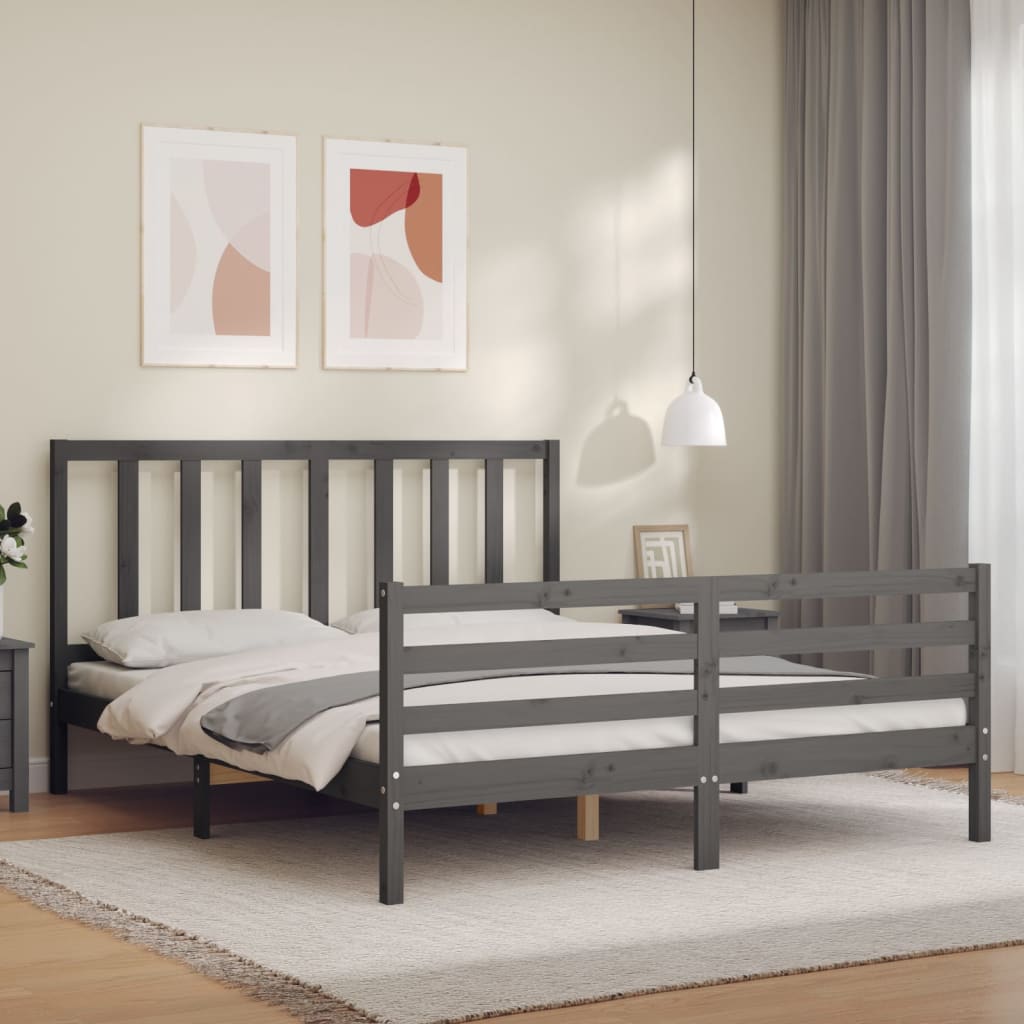 vida XL Massivholzbett mit Kopfteil Grau 5FT King Size