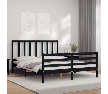 vidaXL Lovos rėmas su galvūgaliu, juodas, medienos masyvas, didelis