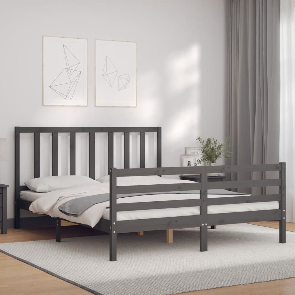 vidaXL Bedframe met hoofdbord massief hout grijs 160x200 cm