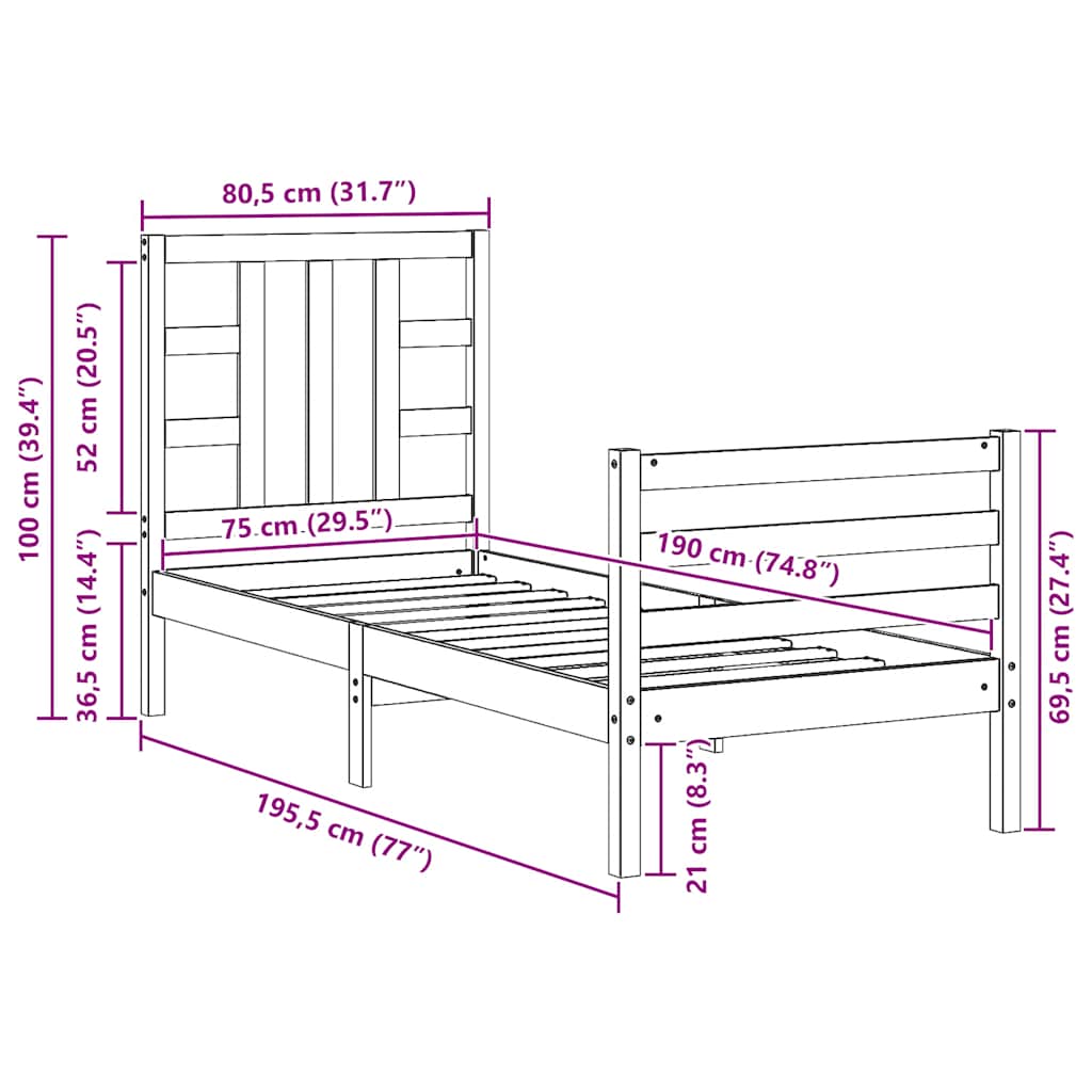 Легло с табла меденокафяво 2FT6 см Small Single дърво масив