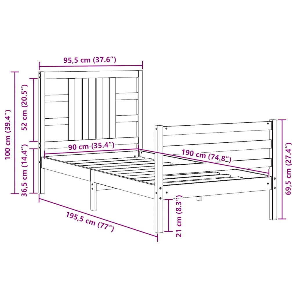 Cadru de pat cu tăblie single, maro miere, lemn masiv