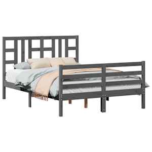 vidaXL Lovos rėmas su galvūgaliu, pilkas, medienos masyvas, dvivietis