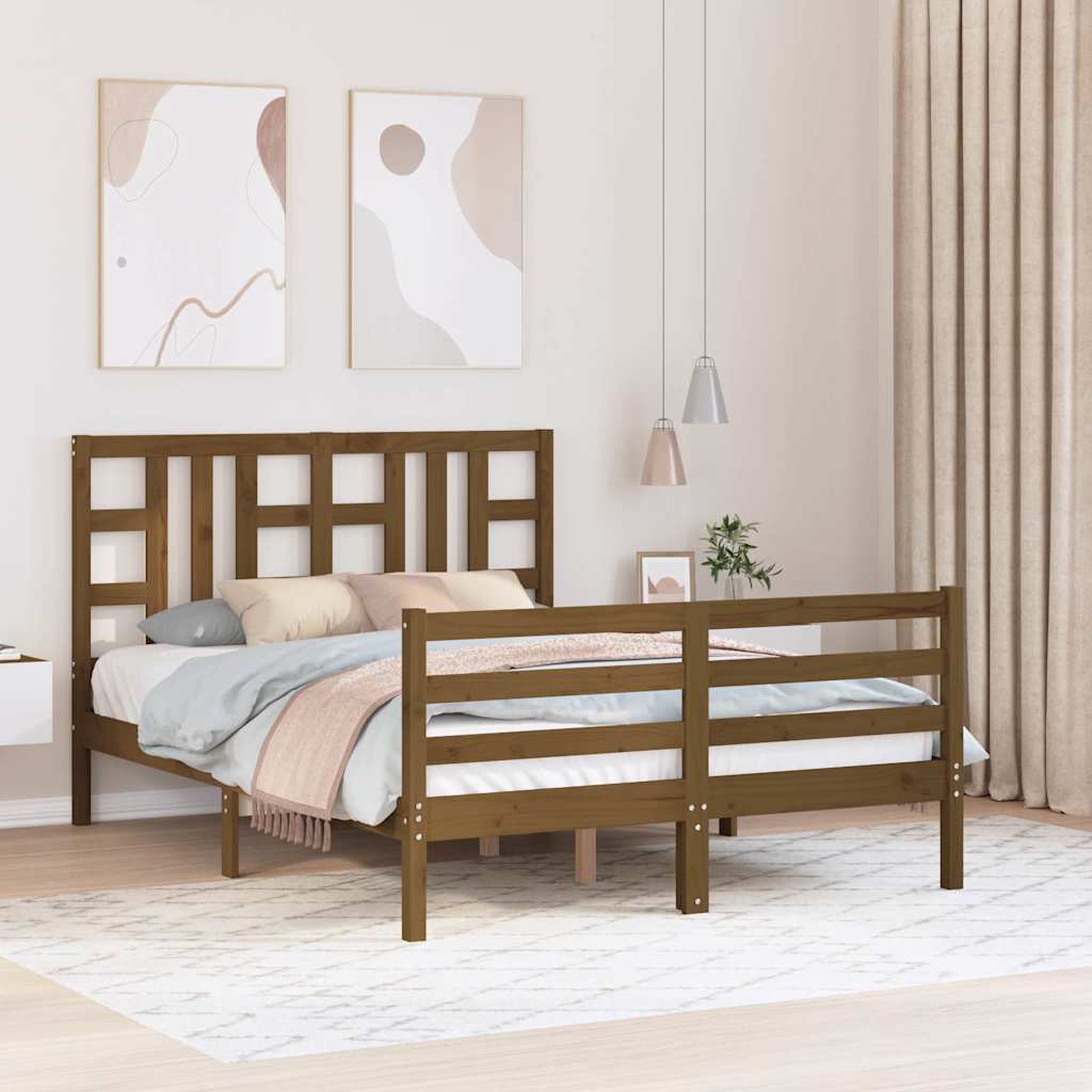 Cadre de lit avec tête de lit marron miel double bois massif