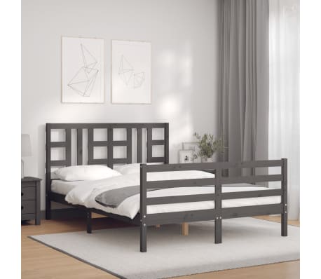 vidaXL Πλαίσιο Κρεβατιού με Κεφαλάρι Γκρι 140 x 190 εκ. από Μασίφ Ξύλο