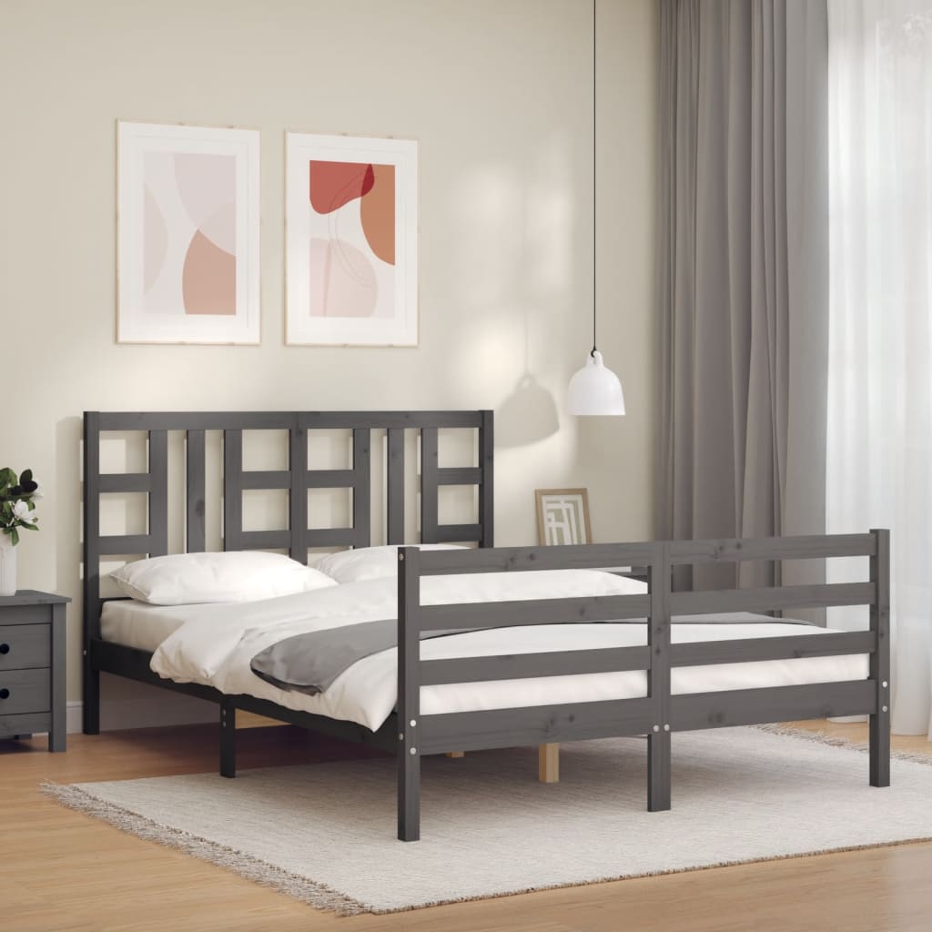 vidaXL Cadre de lit avec tête de lit gris 140x190 cm bois massif