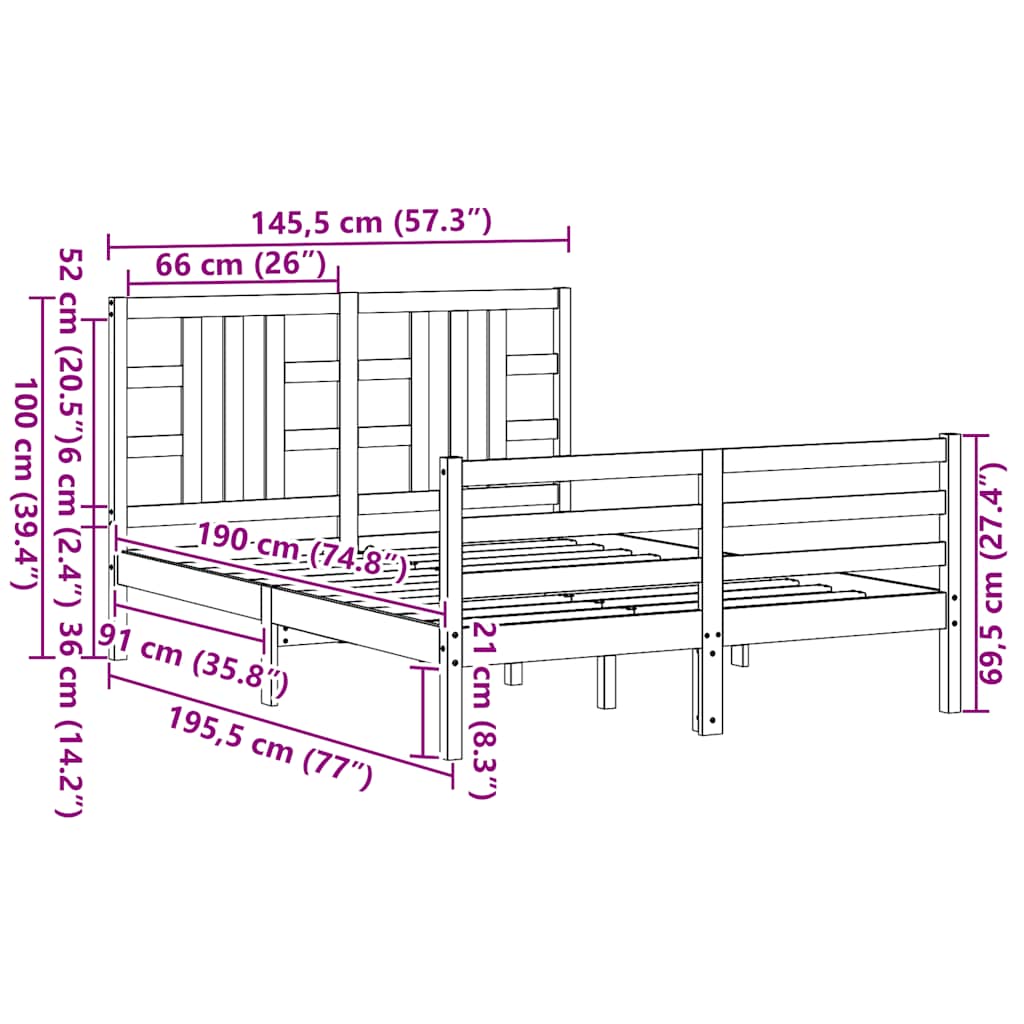 Cadru de pat, maro miere, 140x190 cm, lemn masiv