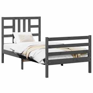 vidaXL Lovos rėmas su galvūgaliu, pilkas, 90x200cm, medienos masyvas