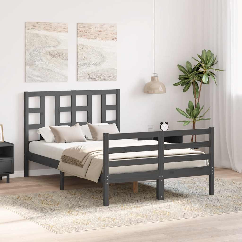 szürke tömör fa ágykeret fejtámlával 120 x 200 cm