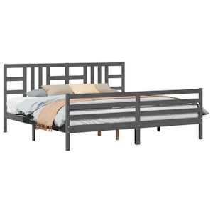 Rám postele s čelem šedý 200 x 200 cm masivní dřevo - obrázek 3