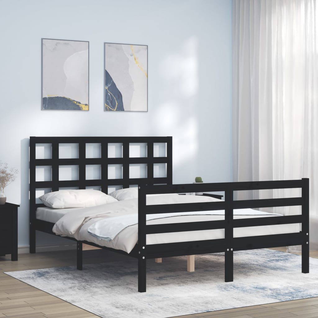 vidaXL Cadru de pat cu tăblie dublu mic, negru, lemn masiv vidaXL imagine 2022