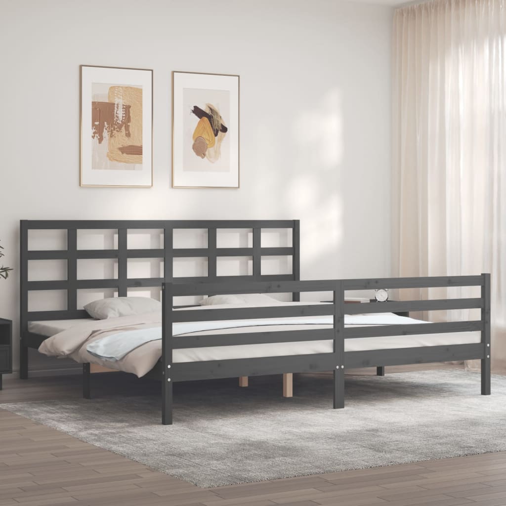 vidaXL Cadru de pat cu tăblie Super King Size, gri, lemn masiv