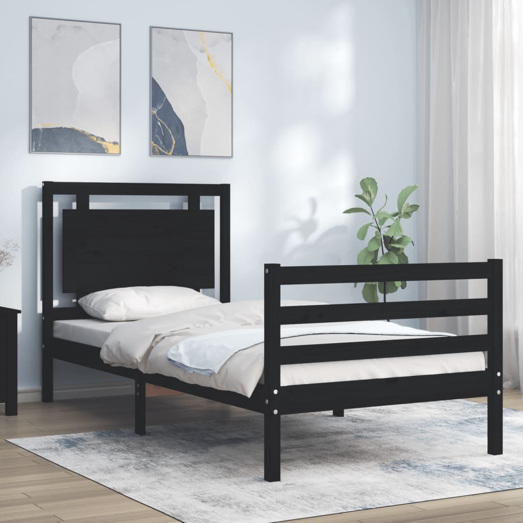 vida XL Massivholzbett mit Kopfteil Schwarz 2Ft6 Small Single