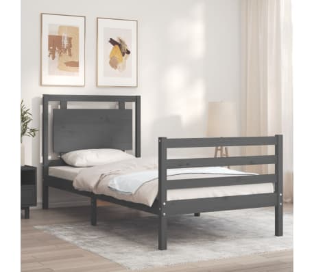 vidaXL Lovos rėmas su galvūgaliu, pilkas, medienos masyvas, vienvietis