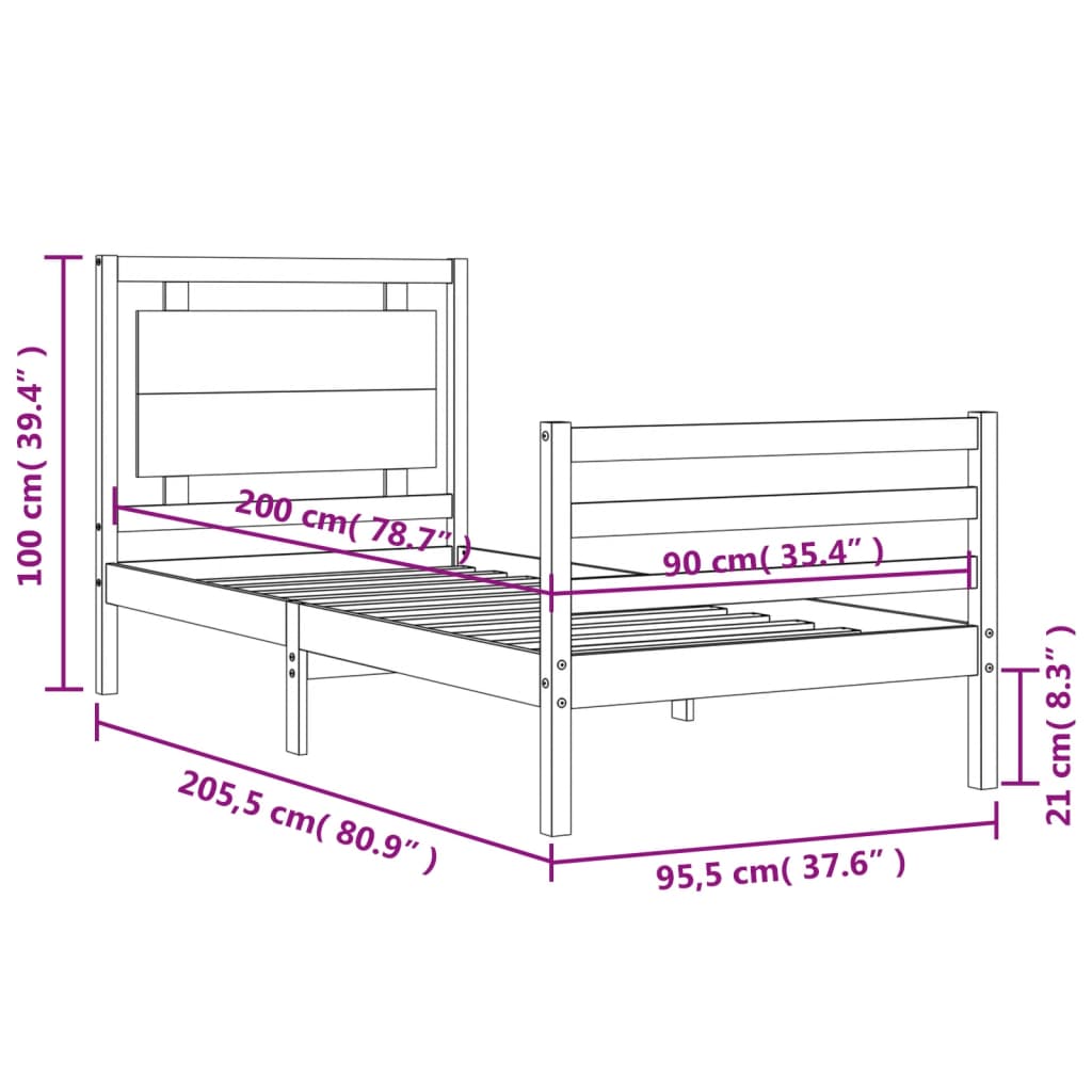 Okvir kreveta s uzglavljem crni 90 x 200 cm od masivnog drva