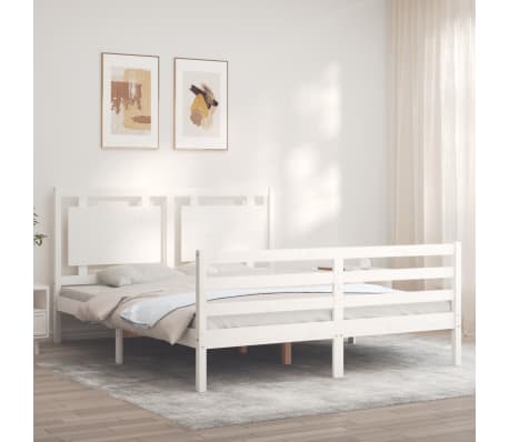 vidaXL Cadru de pat cu tăblie, alb, king size, lemn masiv