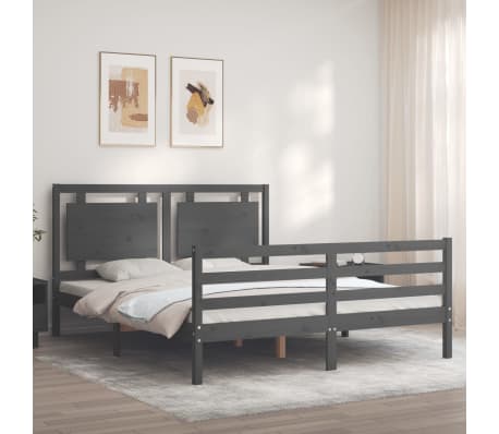 vidaXL Lovos rėmas su galvūgaliu, pilkas, medienos masyvas, didelis