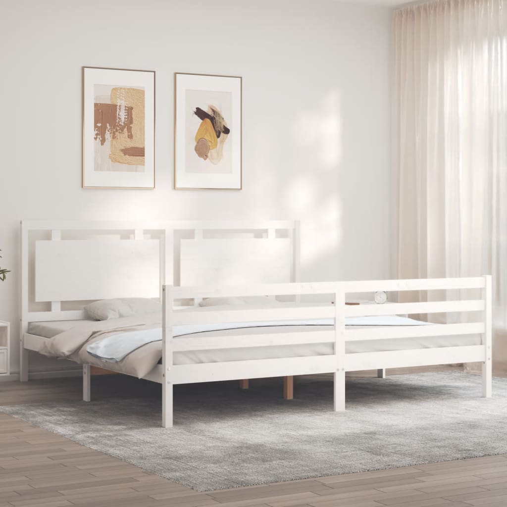 Cadru de pat cu tăblie Super King Size, alb, lemn masiv