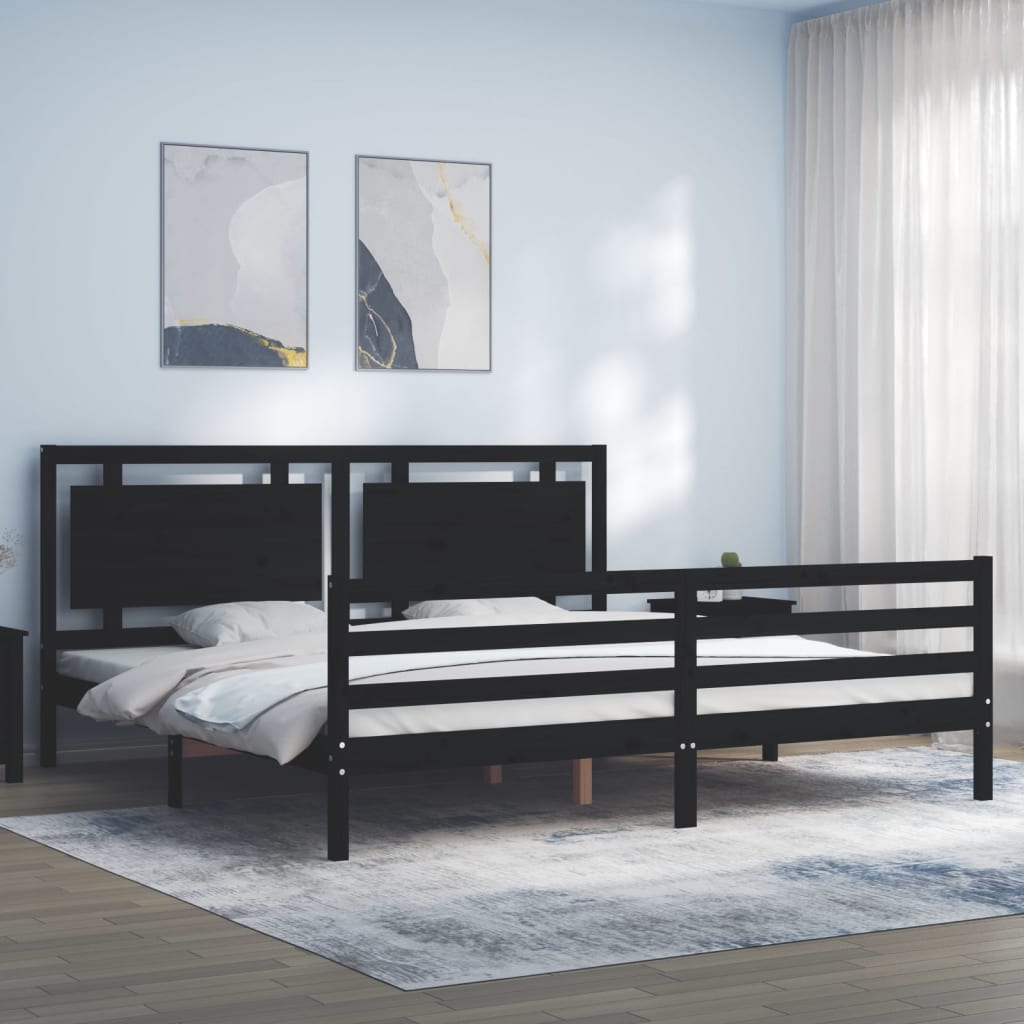 vida XL Massivholzbett mit Kopfteil Schwarz 200x 200 cm