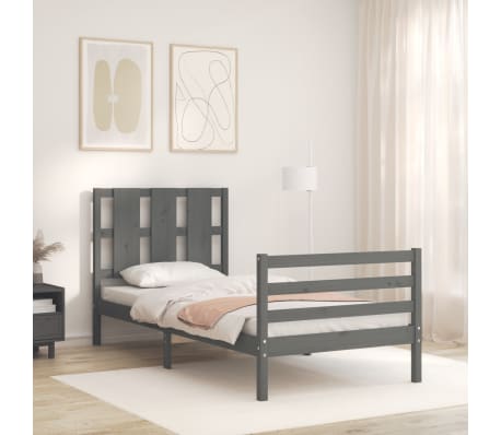 vidaXL Lovos rėmas su galvūgaliu, pilkas, medienos masyvas, vienvietis