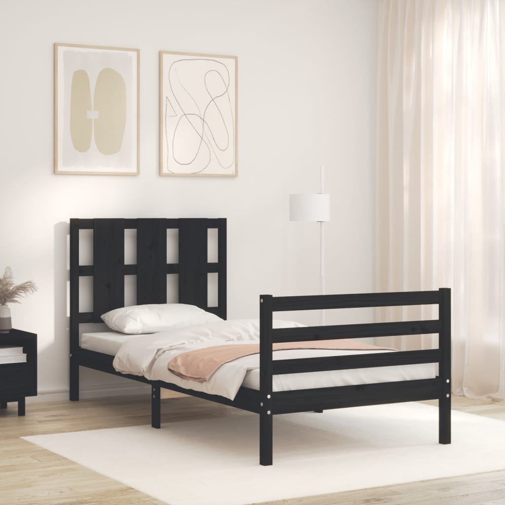 Cadru de pat cu tăblie, negru, 90x200 cm, lemn masiv